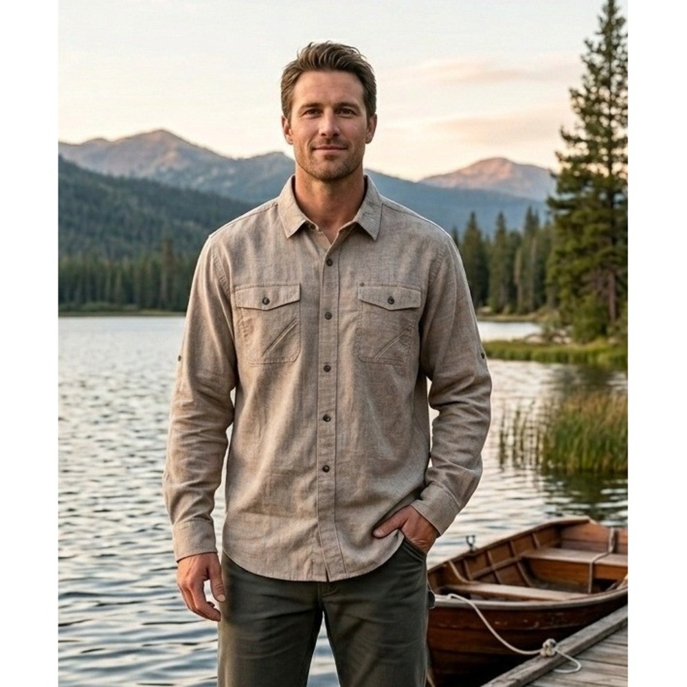 Duck Camp Outfitter Button Down Long Sleeve Shirt Men's 2XL Ammo Tan Stretch NWT